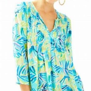Lilly Pulitzer Daylen Blouse Top Palm Leaves Blue Green Size Large